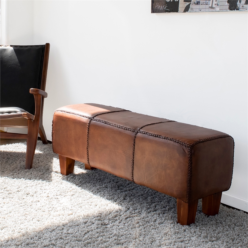 Home Square 2 Piece Genuine Leather Bench Set in Espresso Brown