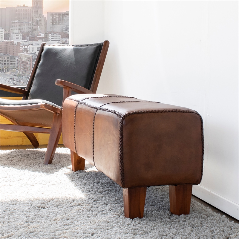 Home Square 2 Piece Genuine Leather Bench Set in Espresso Brown