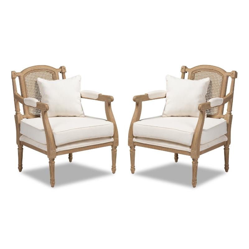 Home Square 2 Piece Wood and Rattan Accent Chair Set in Whitewashed Oak