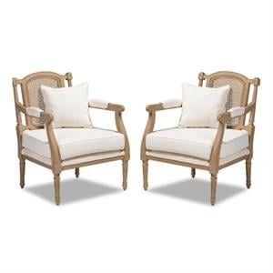 Home Square 2 Piece Wood and Rattan Accent Chair Set in Whitewashed Oak