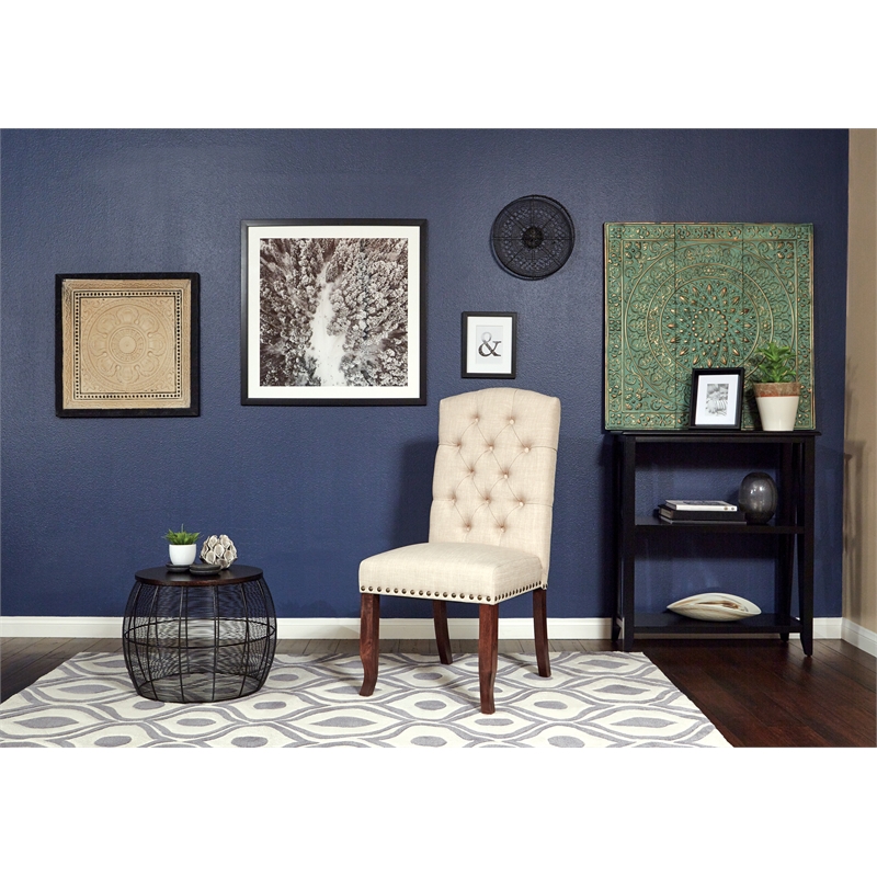 Home Square 2 Piece Tufted Linen Fabric Dining Chair Set in Cream