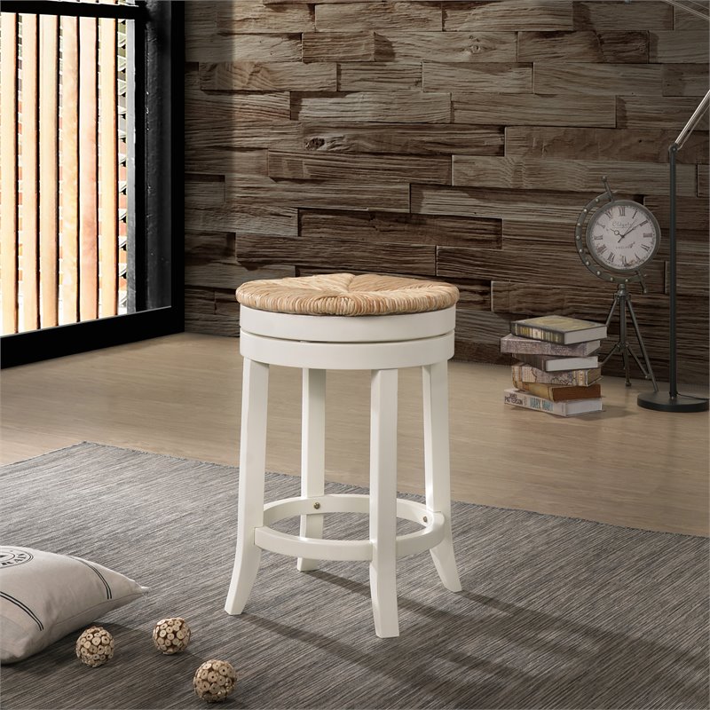 Home Square 2 Piece Swivel Rush Seat Counter Stool Set in Antique White