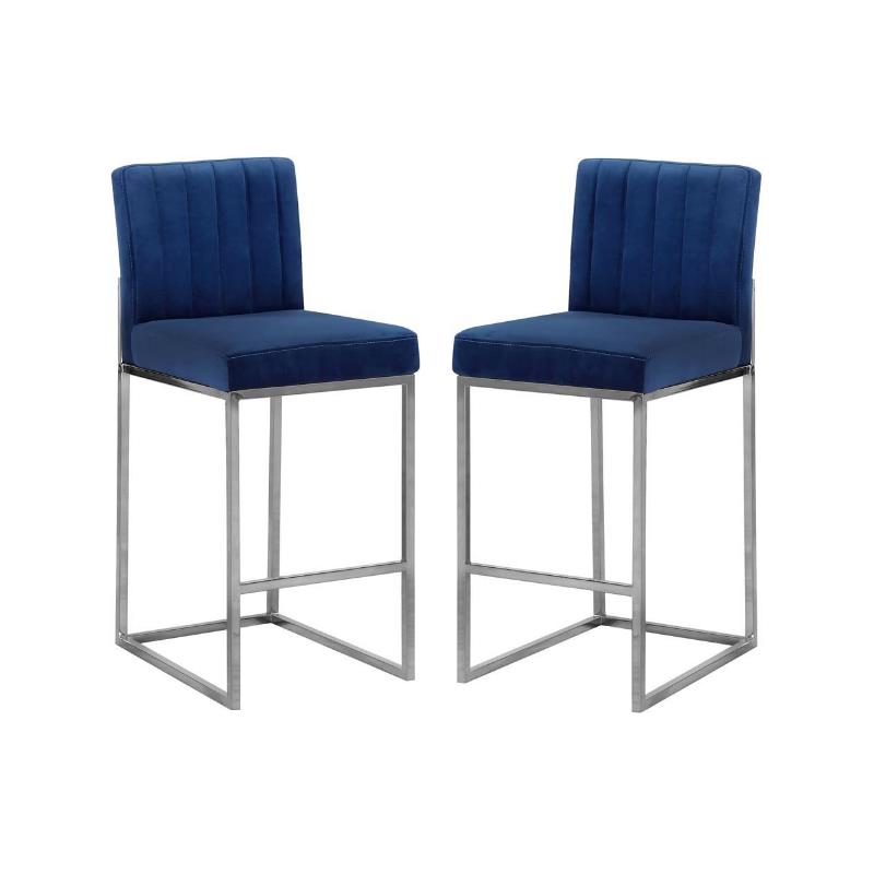 Home Square 2 Piece Upholstered Velvet Counter Stool Set in Navy Blue