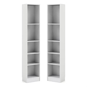 Home Square Tall Narrow 5 Shelf Wood Bookcase Set in White (Set of 2)