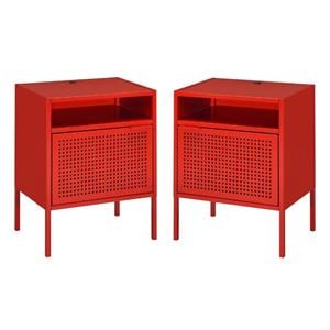 Home Square 2 Piece Metal Nightstand Set with USB Port in Red