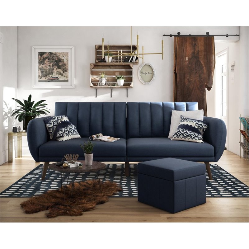 Home Square 2 Piece Upholstered Linen Sleeper Sofa Set in Navy Blue