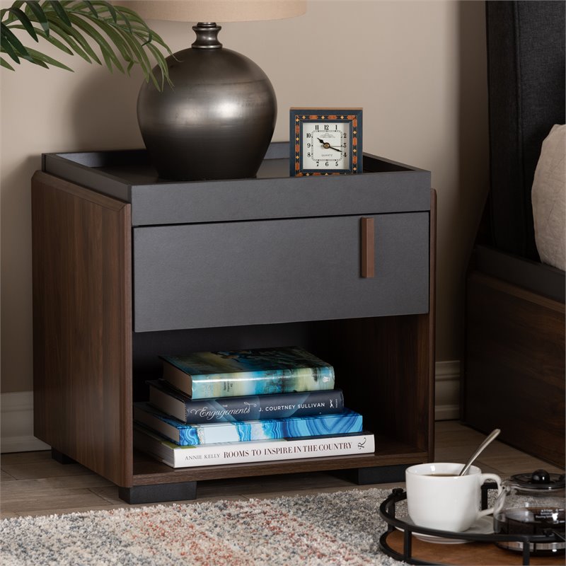 Home Square 2 Piece Engineered Wood 1-Drawer Nightstand Set in Gray/Walnut