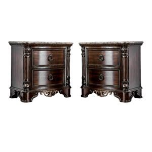 Jordan Transitional Wood and Marble Top Nightstand in Brown Cherry Set of 2