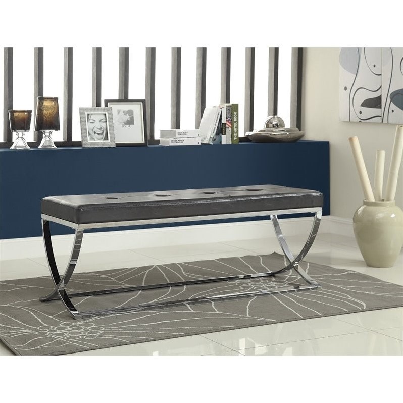 Home Square 2 Piece Tufted Faux Leather Accent Bench Set in Black and Chrome