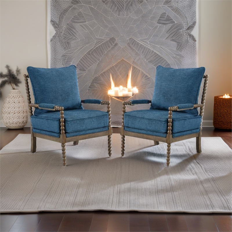 Home Square 2 Piece Linen Fabric Spindle Chair Set with Wood Frame in Navy Blue