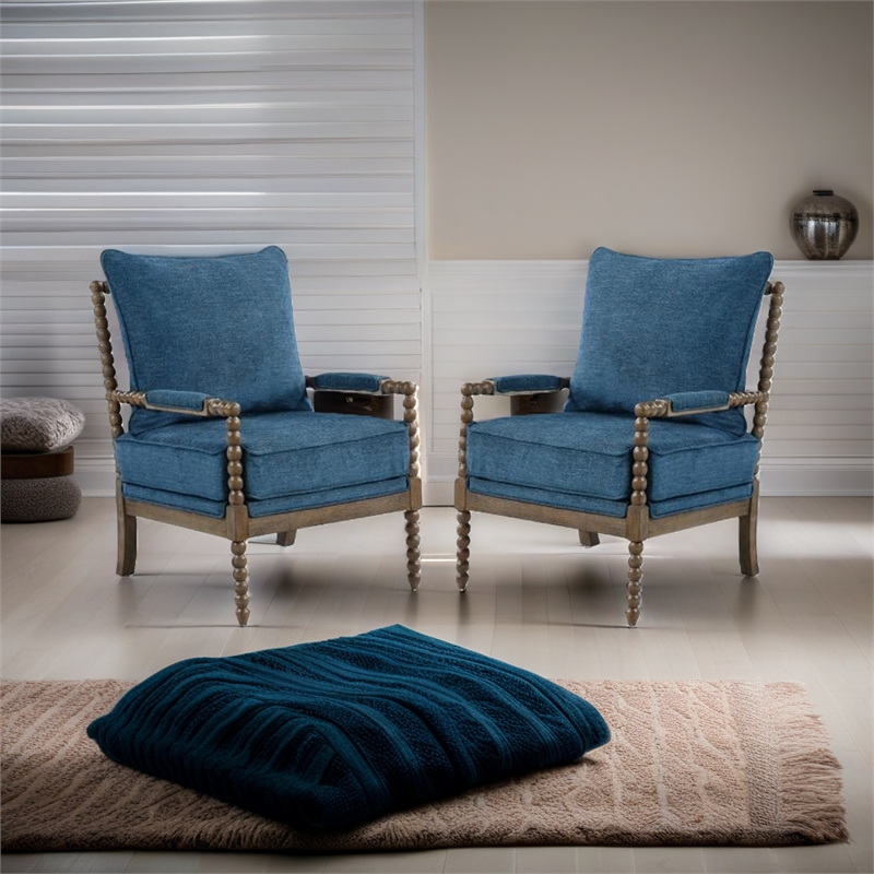 Home Square 2 Piece Linen Fabric Spindle Chair Set with Wood Frame in Navy Blue