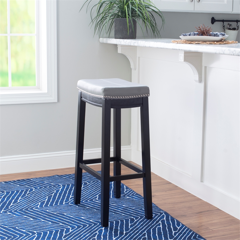 Home Square 2 Piece PU Upholstery Wood Bar Stool Set in Gray