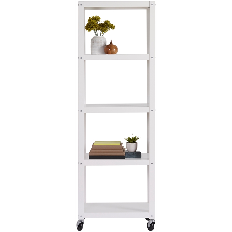Home Square 5 Shelf Mobile Wood Bookcase Set in White (Set of 2)