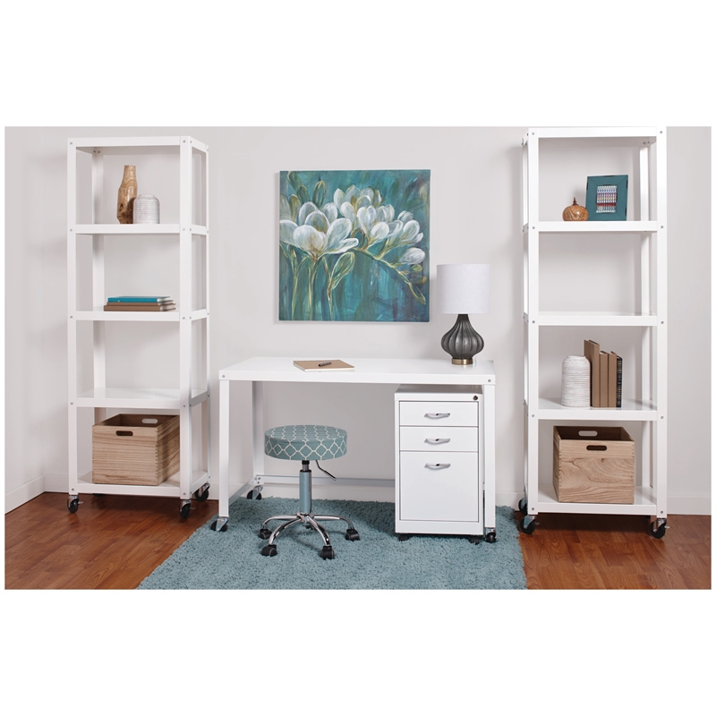 Home Square 5 Shelf Mobile Wood Bookcase Set in White (Set of 2)