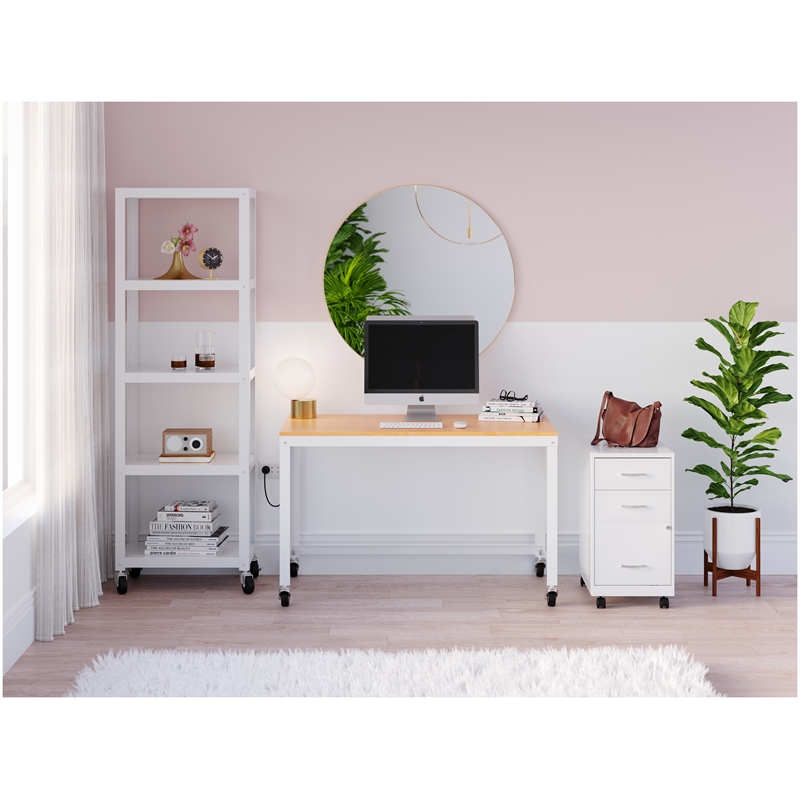 Home Square 5 Shelf Mobile Wood Bookcase Set in White (Set of 2)