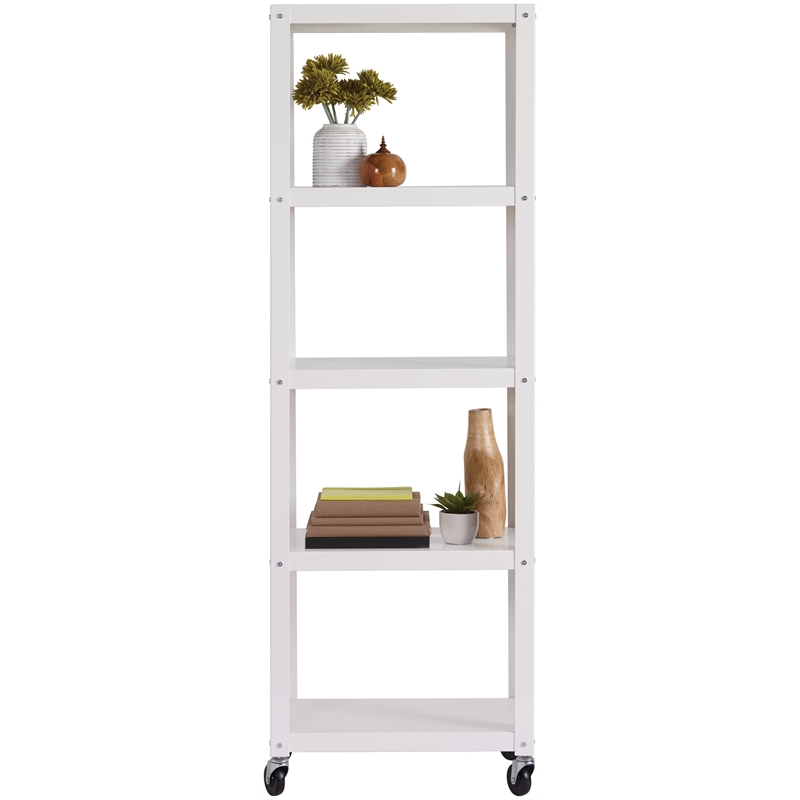 Home Square 5 Shelf Mobile Wood Bookcase Set in White (Set of 2)