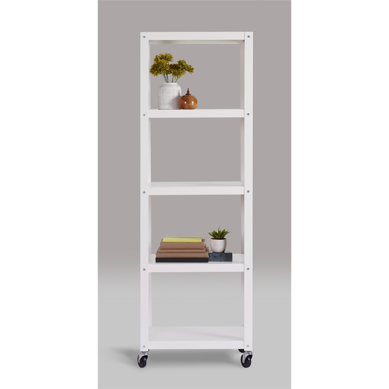 Home Square 5 Shelf Mobile Wood Bookcase Set in White (Set of 2)