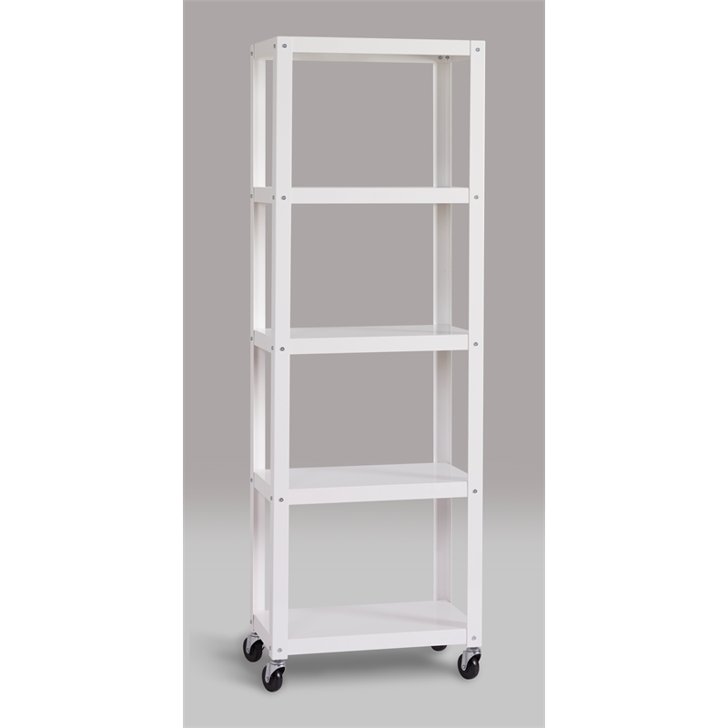 Home Square 5 Shelf Mobile Wood Bookcase Set in White (Set of 2)