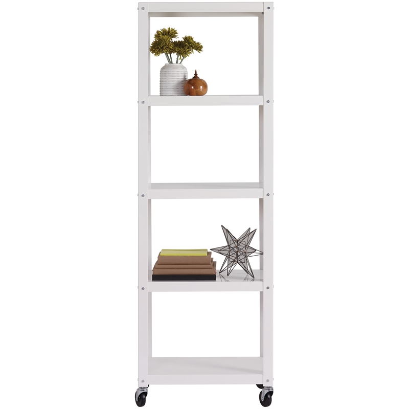 Home Square 5 Shelf Mobile Wood Bookcase Set in White (Set of 2)