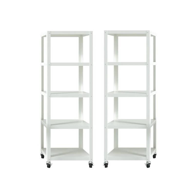 Home Square 5 Shelf Mobile Wood Bookcase Set in White (Set of 2)