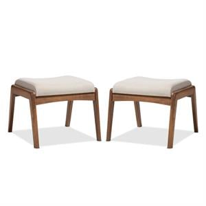 Home Square 2 Piece Solid Wood/Fabric Upholstered Ottoman Set Light Beige/Walnut