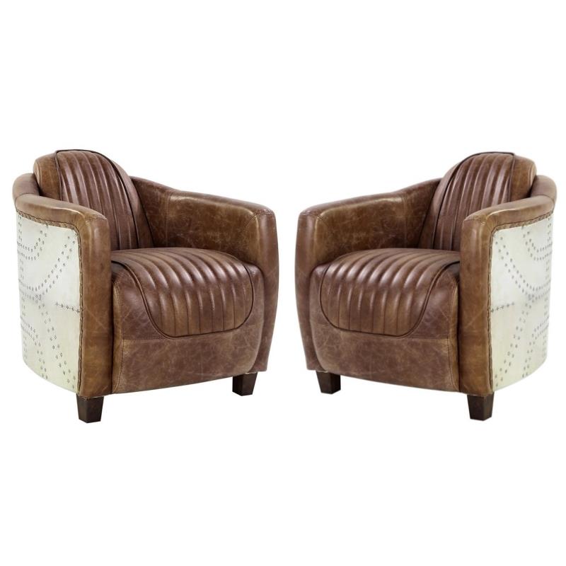 Home Square 2 Piece Top Grain Leather and Aluminum Chair Set in Retro Brown