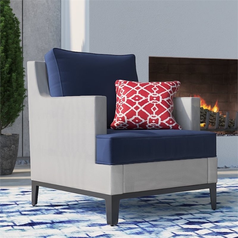 Home Square 2 Piece Outdoor Mesh Chair Set with Cushions White and Navy