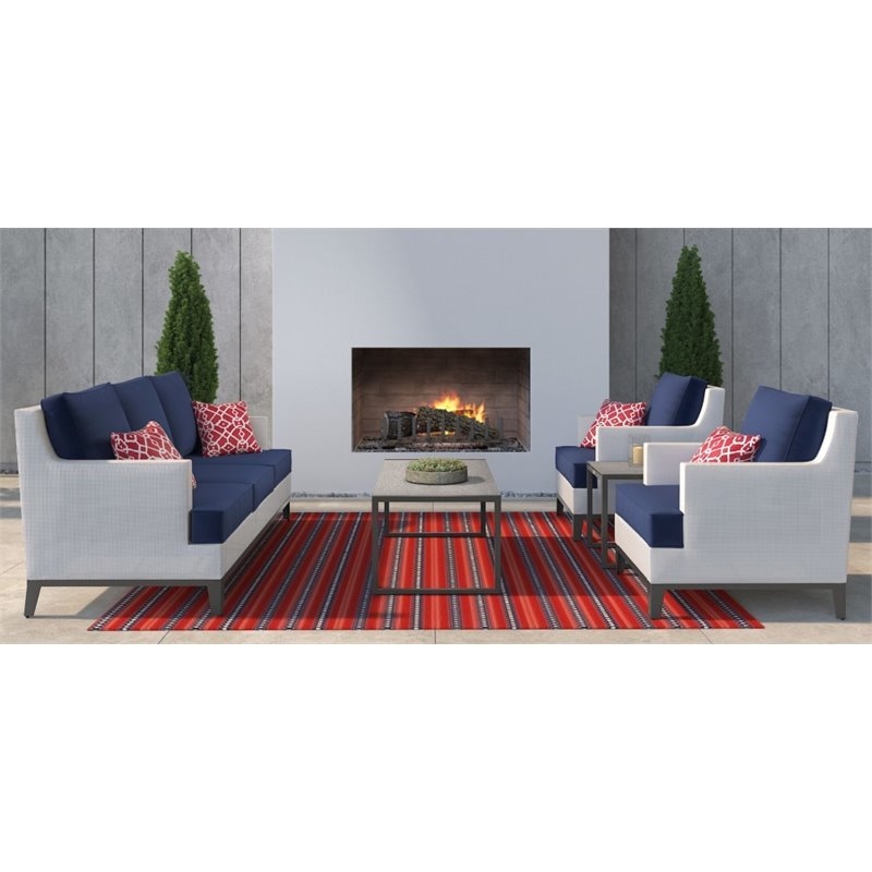 Home Square 2 Piece Outdoor Mesh Chair Set with Cushions White and Navy
