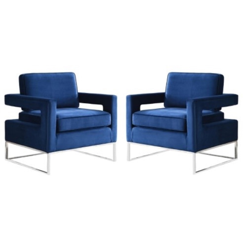 Home Square 2 Piece Upholstered Velvet Accent Chair Set in Navy and Chrome