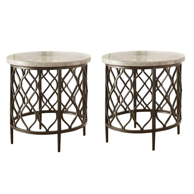 Home Square 2 Piece Metal Base End Table Set with Stone Top in Bronze