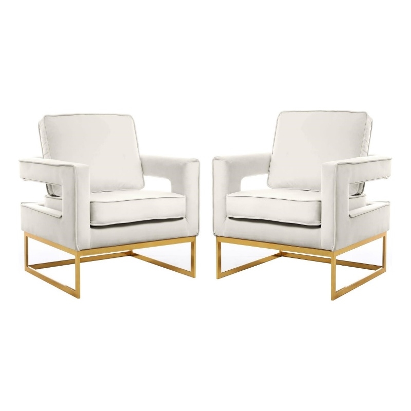 Home Square 2 Piece Velvet Accent Chair Set with Gold Iron Base in Cream