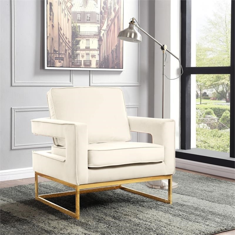 Home Square 2 Piece Velvet Accent Chair Set with Gold Iron Base in Cream