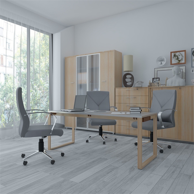 Home Square 2 Piece Leather Plus Executive Chair Set with Arms in Gray