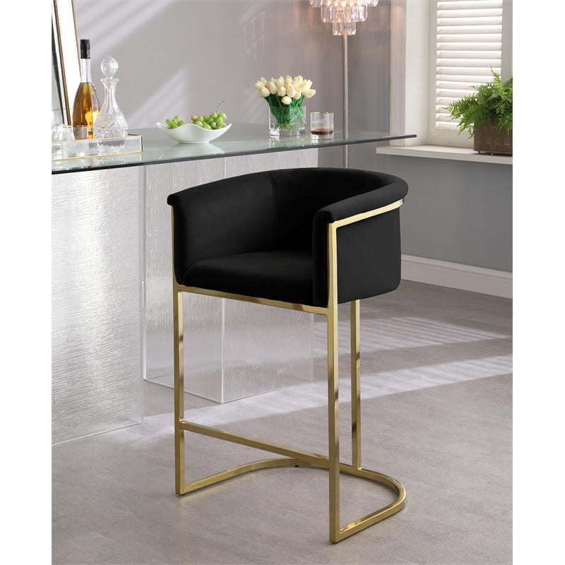 Home Square 2 Piece Velvet Counter Stool Set with Gold Metal Base in Black
