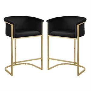 Home Square 2 Piece Velvet Counter Stool Set with Gold Metal Base in Black