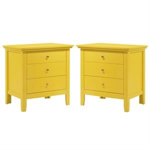 Home Square 2 Piece Solid Wood Nightstand Set with 3 Drawer in Yellow
