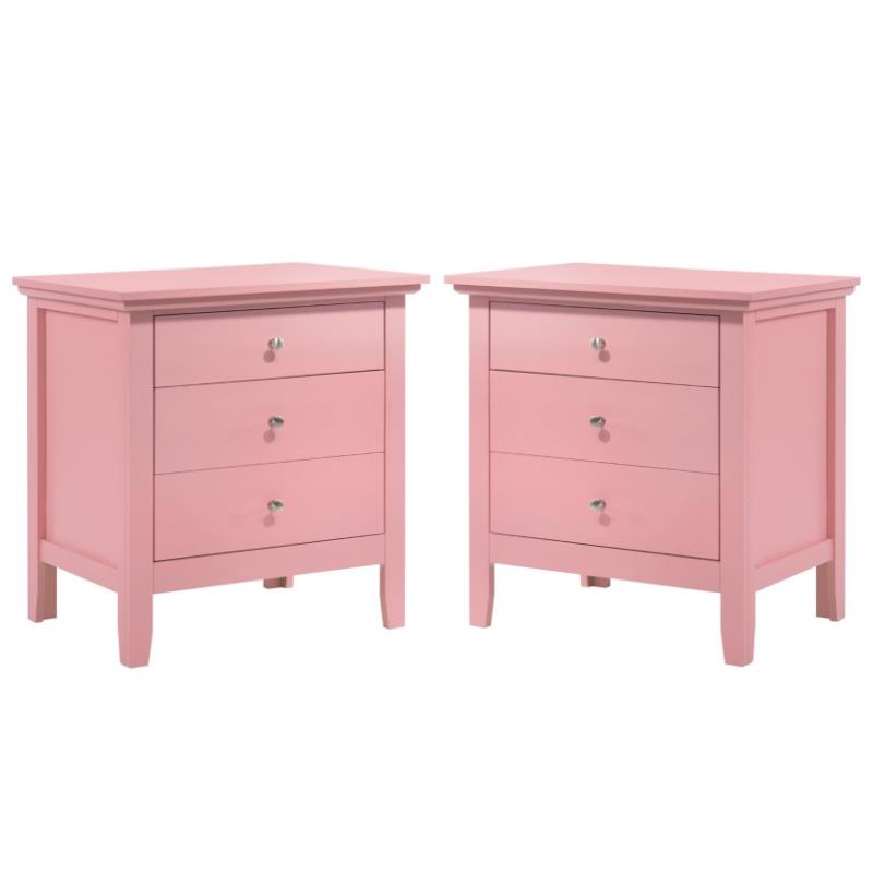 Home Square 2 Piece Solid Wood Nightstand Set with 3 Drawer in Pink