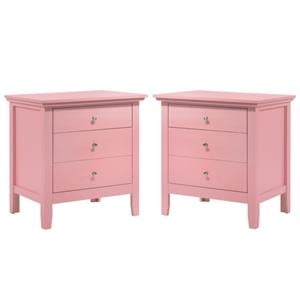 Home Square 2 Piece Solid Wood Nightstand Set with 3 Drawer in Pink