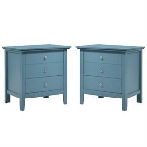 Home Square 2 Piece Solid Wood Nightstand Set with 3 Drawer in Teal Blue