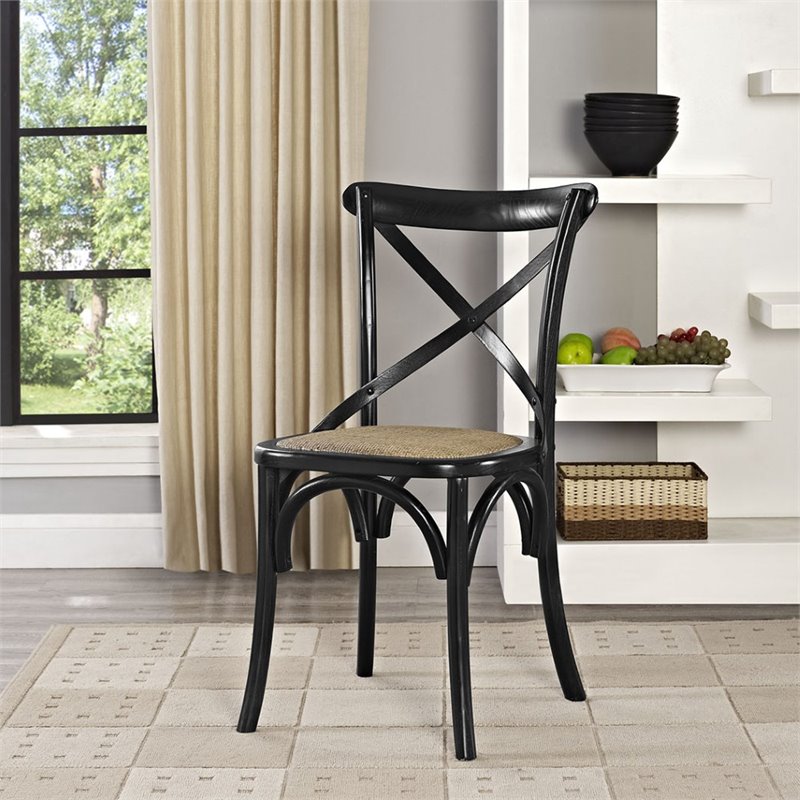 Home Square 2 Piece Wood Frame/Rattan Seat Dining Chair Set in Black/Natural