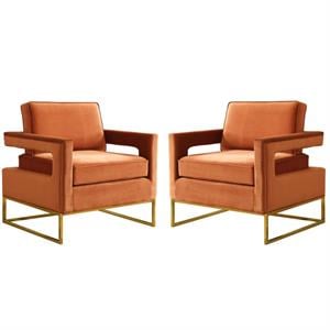 Home Square 2 Piece Upholstered Velvet Accent Chair Set in Cognac and Gold