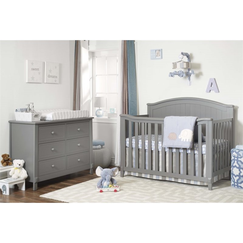 Baby Crib and 4 Drawer Dresser Chest Set in Gray