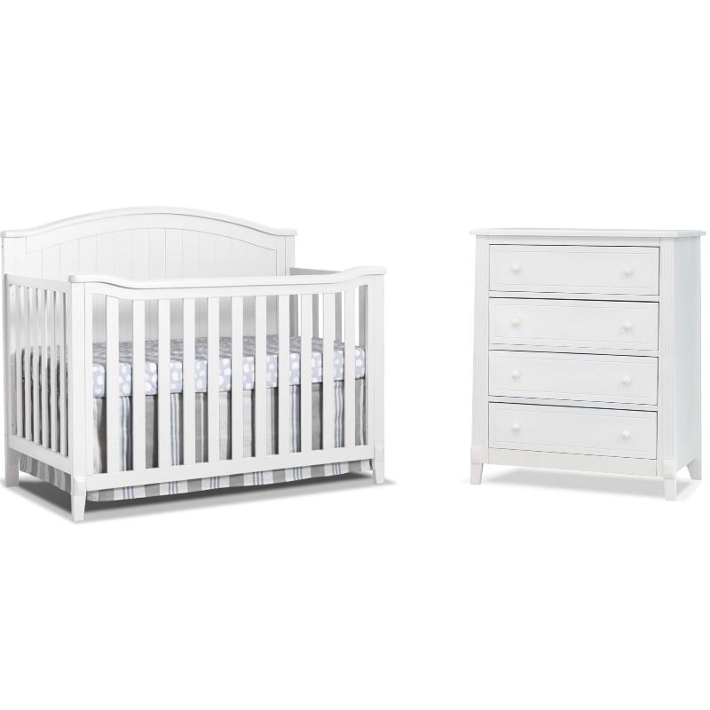 Baby Crib and 4 Drawer Dresser Chest Set in Pure White