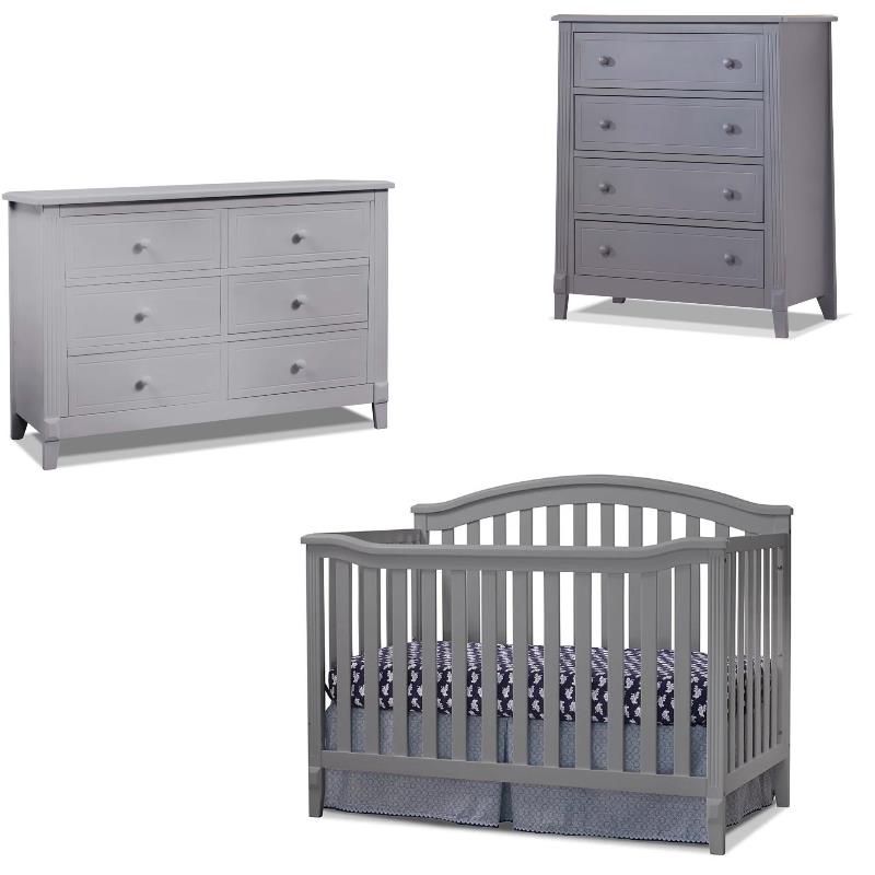 Baby Crib 4 Drawer Chest and Double Dresser Set in Gray