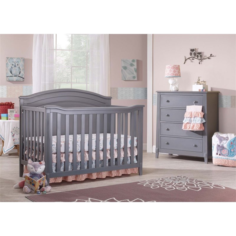 Baby Crib with 4 Drawer Chest and Double Dresser Set in Gray