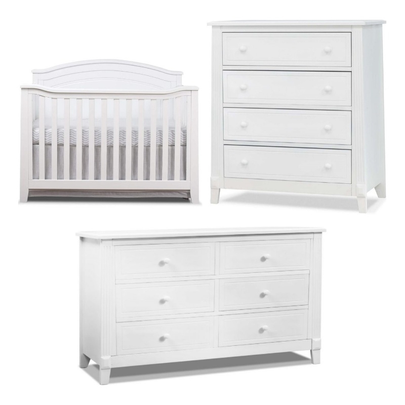 Baby Crib with 4 Drawer Chest and Double Dresser Set in White