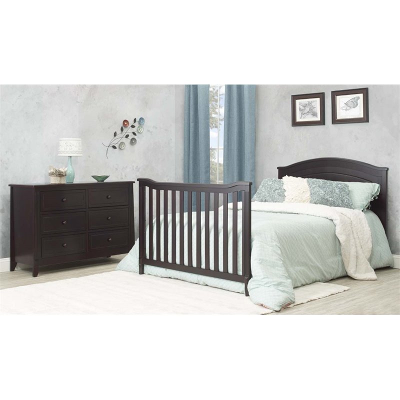 Baby Crib with 4 Drawer Chest and Double Dresser Set in Espresso