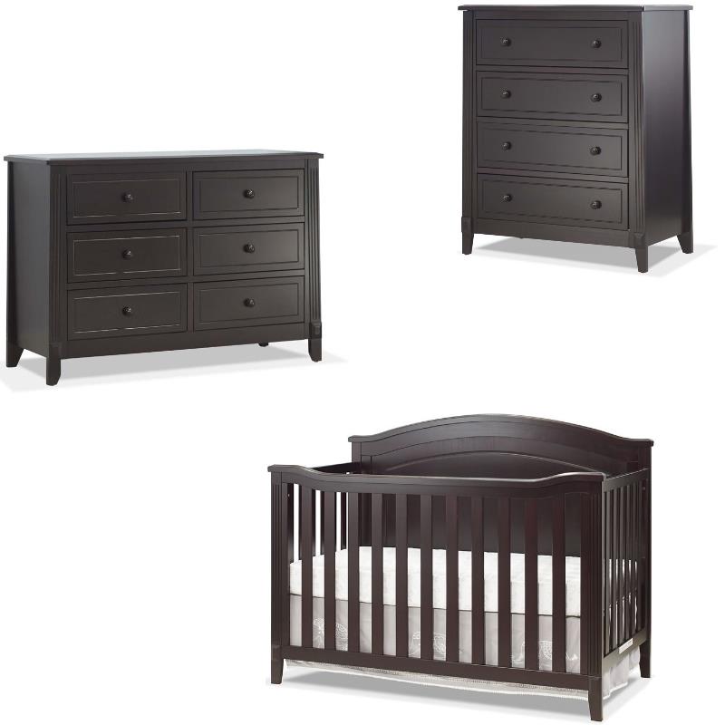 Baby Crib with 4 Drawer Chest and Double Dresser Set in Espresso