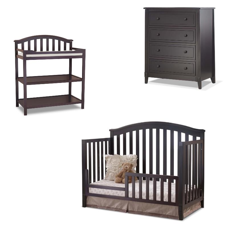 Baby Crib with Changing Table and 4 Drawer Dresser Set in Espresso