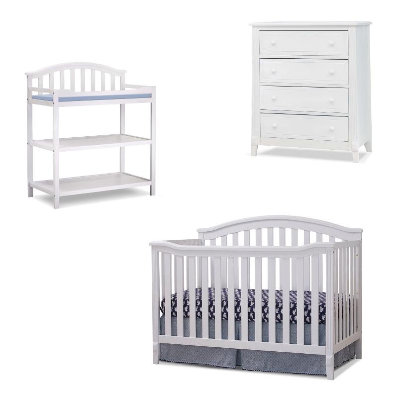 Baby Crib with Changing Table and 4 Drawer Dresser Chest Set in White
